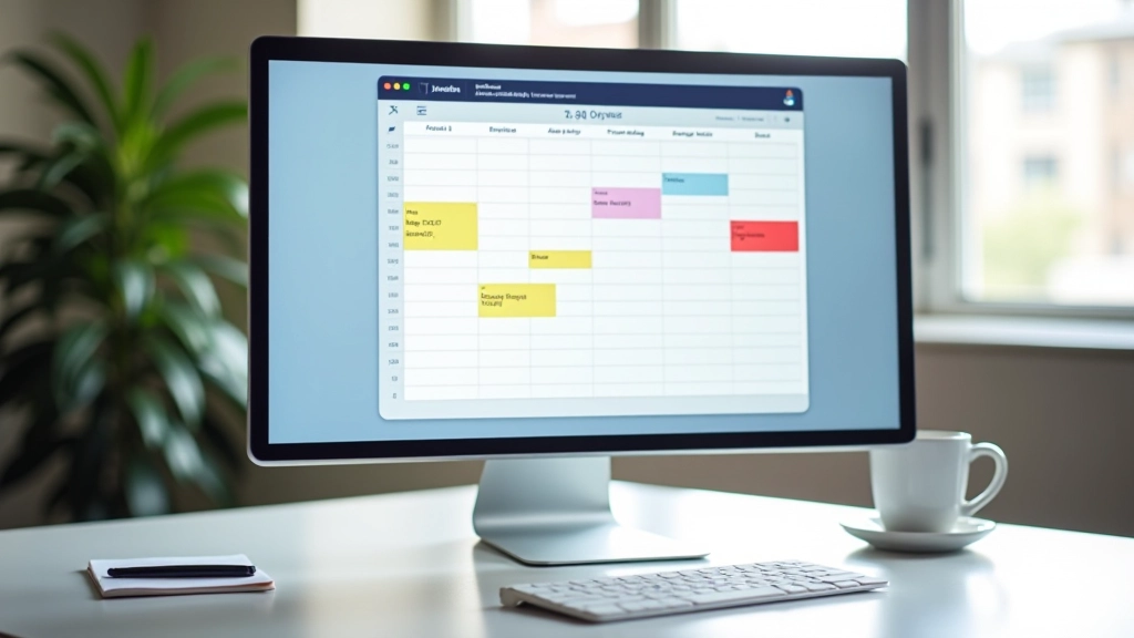 Calendario digitale con blocchi di tempo codificati per colore, mattina per il lavoro concentrato, pomeriggio per riunioni e compiti amministrativi