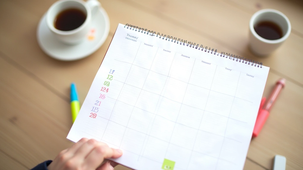 Foglio di carta con calendario scritto a mano, numeri cerchiati, evidenziatore rosa, tazza di caffè, scrivania minimale