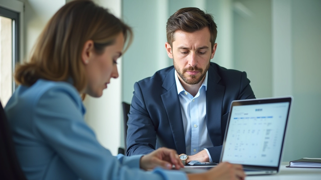 Persona in riunione che consulta l'orologio, calendari sovraffollati sullo schermo del laptop, espressione concentrata, ufficio moderno luminoso