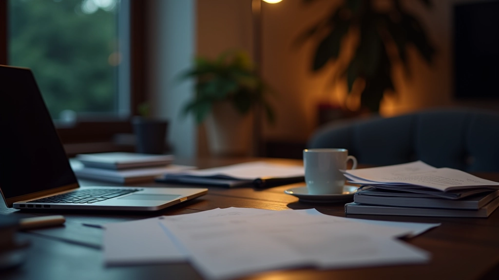 Scrivania disordinata con laptop aperto e documenti, contrasto tra spazio lavoro caotico e sfondo di casa buia, ore serali