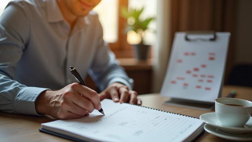 Persona che scrive nel quaderno di pianificazione settimanale, caffè sul tavolo, calendario visibile sullo sfondo, mattina di lavoro