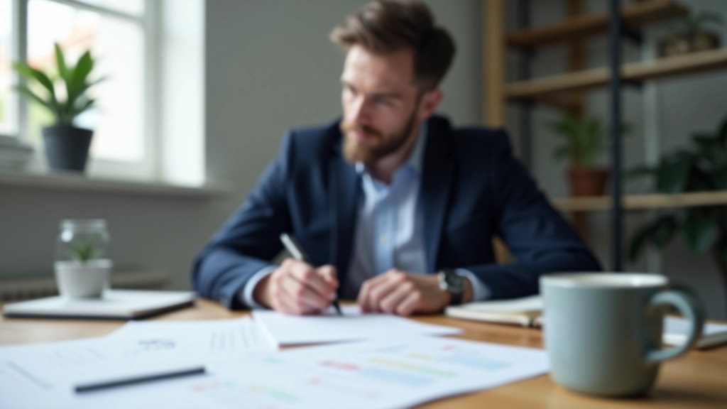 Persona che scrive su un foglio di carta la matrice di Eisenhower, con penna in mano e caffè sul tavolo