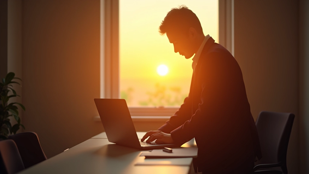 Persona che spegne laptop e si alza dalla scrivania, movimento consapevole di chiusura della giornata lavorativa, luce naturale al tramonto