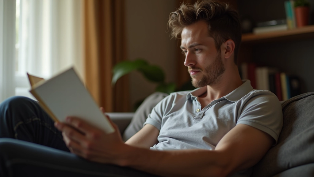 Persona rilassata a casa dopo il lavoro con libro, ambiente domestico confortevole, confine netto tra scrivania lontana sullo sfondo e spazio personale