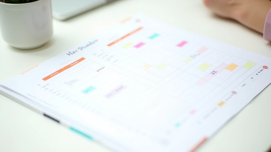 Agenda settimanale con blocchi di tempo colorati evidenziati, orari definiti e pause segnate, vista dall'alto su scrivania luminosa