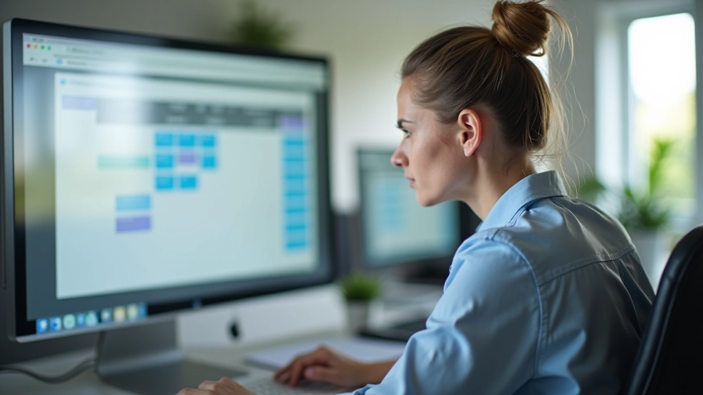 Schermo di computer con calendario Google pieno di riunioni colorate, persona che guarda frustrata, mani sulla scrivania, ufficio soleggiato