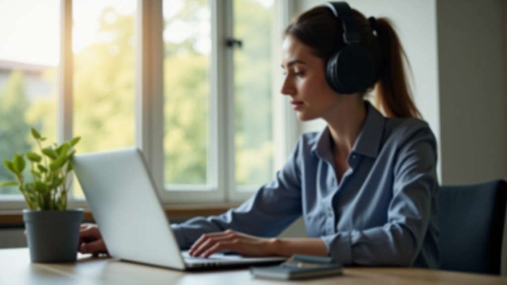 Professionista donna al laptop con cuffie, concentrata, ambiente ufficio tranquillo senza distrazioni, mattina luminosa