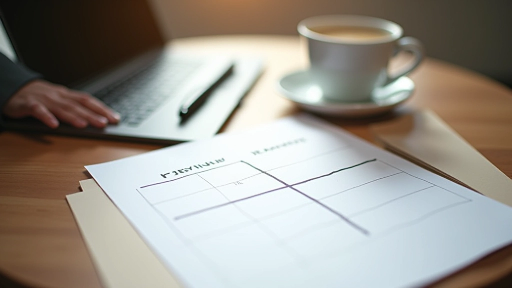 Scrivania ordinata con matrice di priorità scritta su carta, quaderno aperto, penna nera e tazza di caffè